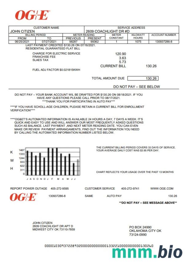 USA Oklahoma OGE Energy rachunek za media szablon w programie Word i PDF
